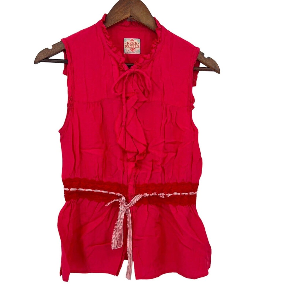 Free People Sleeveless Ruffle Top Small Pink Tie Waist Button Front Lace Detail